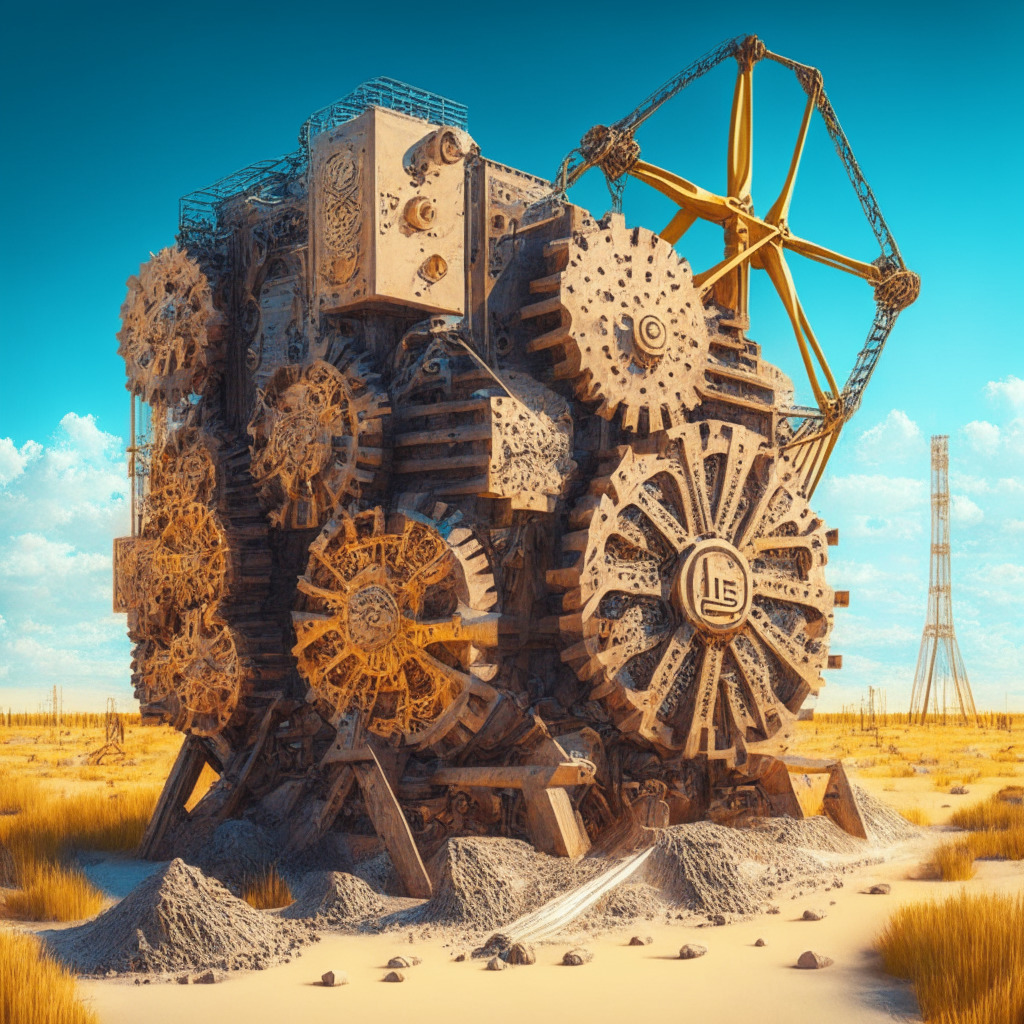 Cryptocurrency mine, detailed gears & machinery, warm Texas sunlight, A1346 model machines, harmonious collaboration, confident mood, soaring hash rate, contemporary artistic style, 70,000 mining rigs, fluctuating industry uncertainties, sophisticated technology, cryptocurrency competition.