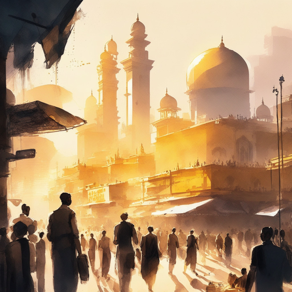 Futuristic Indian cityscape with digital currency, warm golden light, watercolor style, bustling market, people using phones for transactions, hint of uncertainty in mood, traditional and modern elements blending, distant silhouette of RBI building.