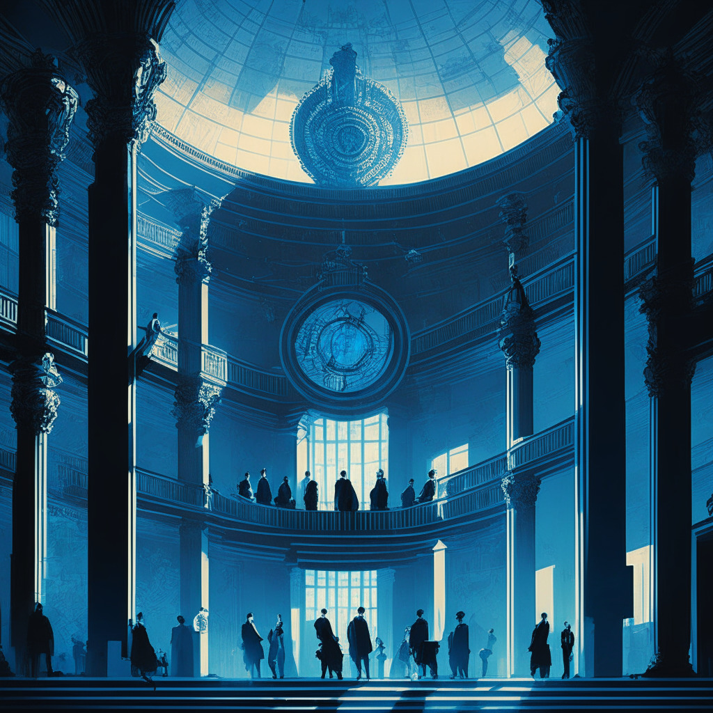 Intricate government building, dignified lawmakers in discussion, digital crypto symbols hovering above their heads, soft warm lighting, Baroque style intricate details, dramatic shadows and light, atmosphere of urgency and decision-making, hues of blue to represent transparency and innovation, careful balance between traditional and futuristic.