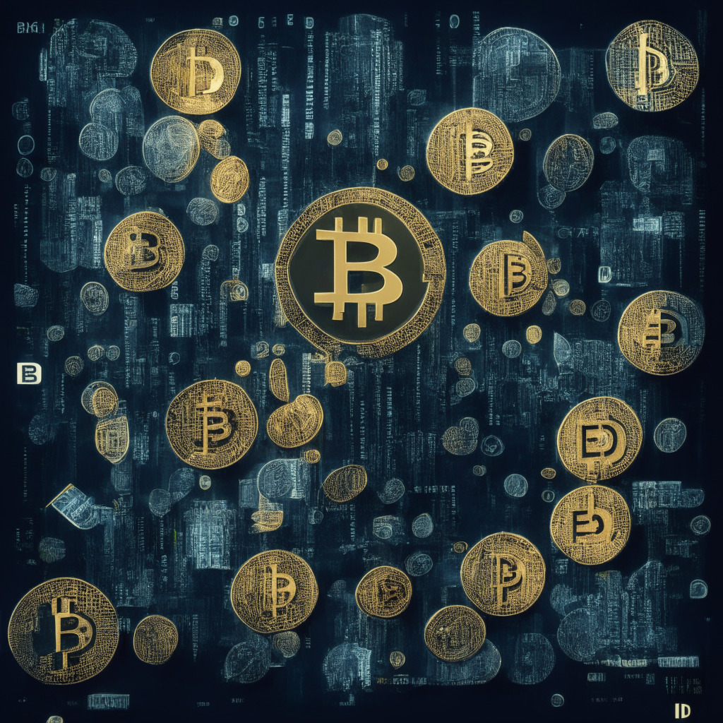 Cryptocurrency coinscape, $1 billion BRC-20 milestone, ordi, nals, VMPX, pepe, and meme tokens, Bitcoin base chain, Ordinals' unique numbering, inscription data layer, domodata's creation, rapid growth vs. skepticism, dynamic digital asset market, caution advised, contrasting light and shadows, complex artistic composition, cautiously hopeful mood.
