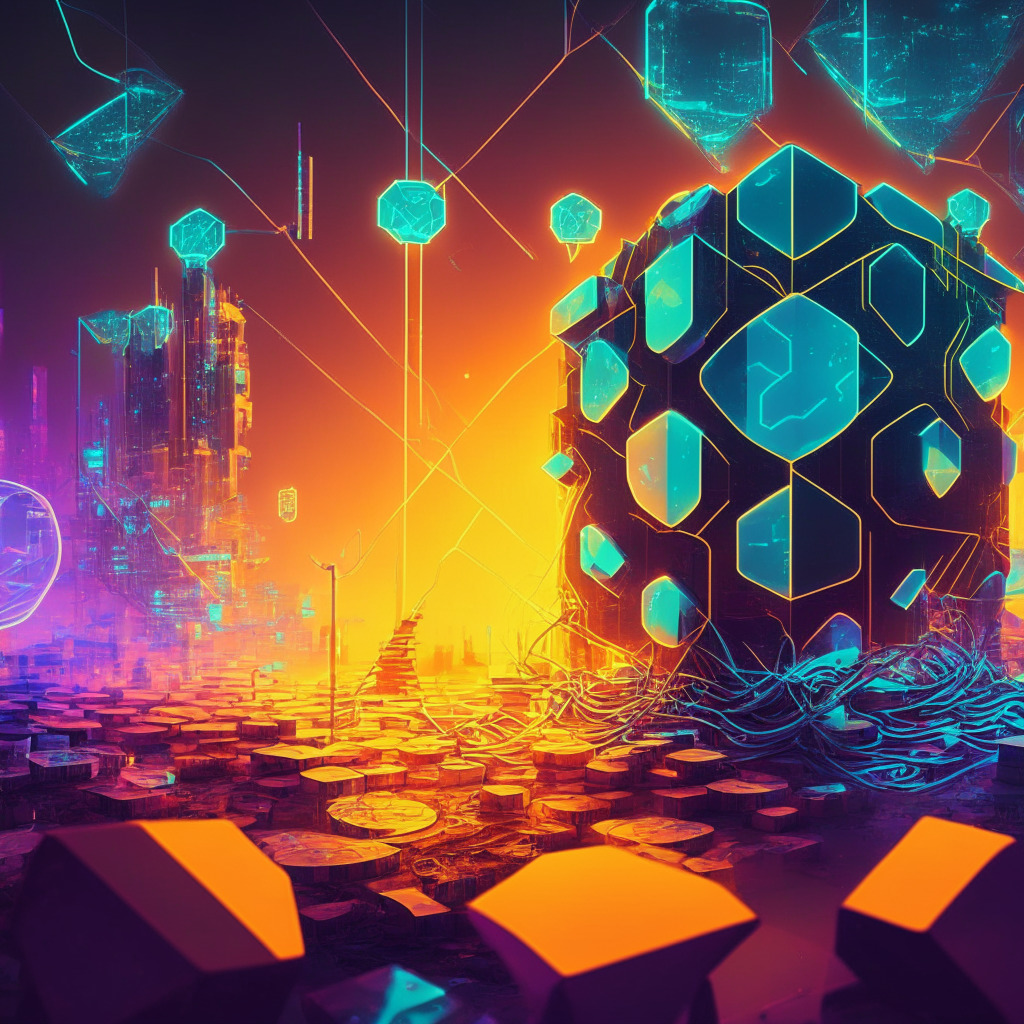 Futuristic, glowing blockchain, BRC-20 tokens emerging, caution sign, Taproot upgrade in the background, muted but vibrant colors, dusk-lit technology landscape, air of uncertainty and potential, intricate geometric patterns, juxtaposition of innovation and risk, undercurrent of financial speculation, 350 characters max.
