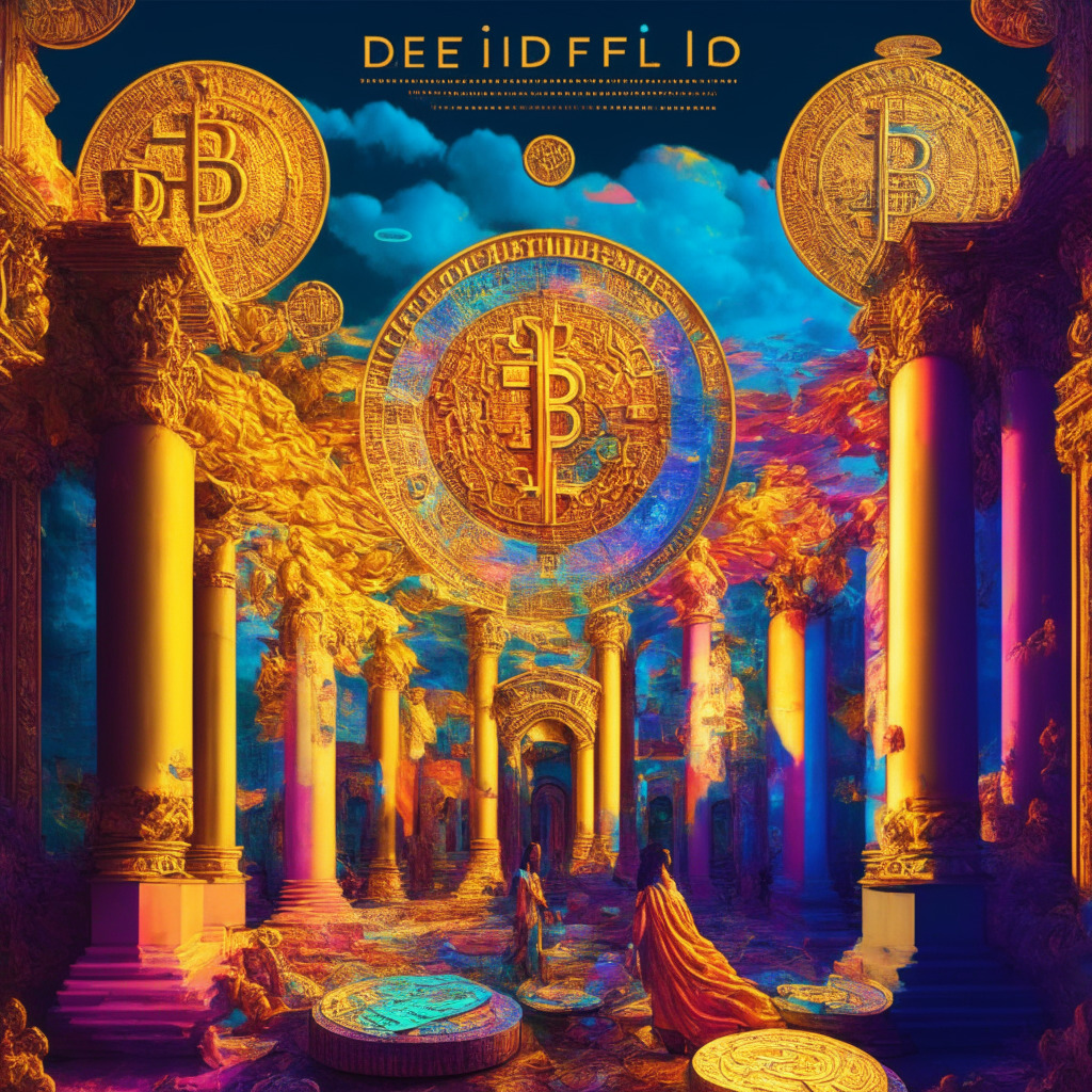 Renaissance-inspired Bitcoin DeFi world, vibrant colors, whimsical meme coins, soaring transaction fees, interconnected smart contracts, warm golden light, optimistic atmosphere, early Uniswap reminiscent, artistic AI elements, evolving financial landscape, energetic mood, potential growth & diversification.