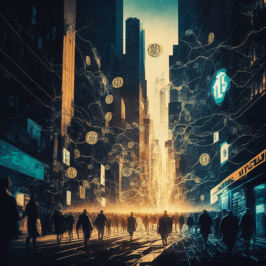 Cryptocurrency frenzy, blockchain innovation, New York street, contrasting light between bright opportunities & lurking dangers, dynamic developments, electrifying mood, digital transaction revolution, DeFi potential, shadowy figures of scams, rising concerns, environmental debate, striving for balance in a thrilling environment.