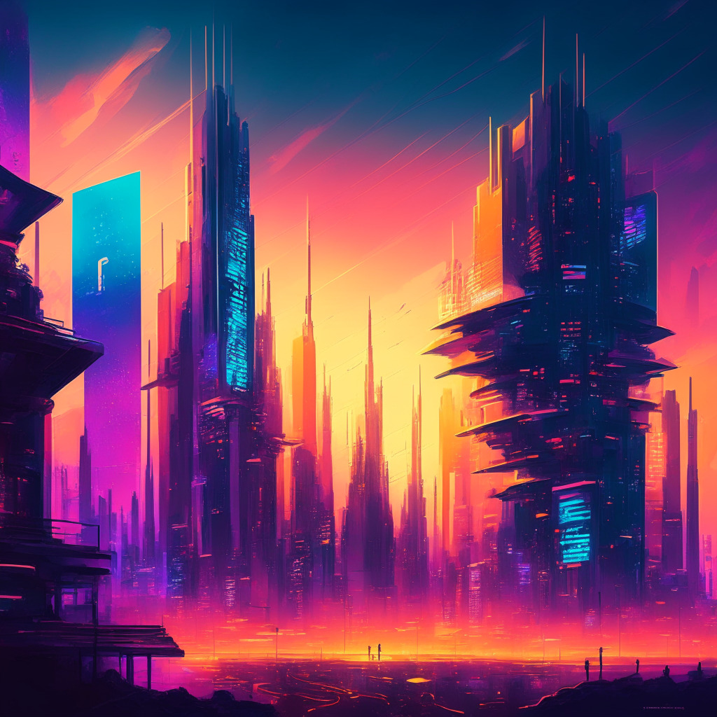 Futuristic urban landscape with blockchain elements, digital currency symbols, secure data storage facility, vibrant city lights, sunset colors, bold artistic brushstrokes, dynamic atmosphere, mix of optimism and caution, diverse and thriving cryptocurrency market, emphasis on innovation, security, and market stability.