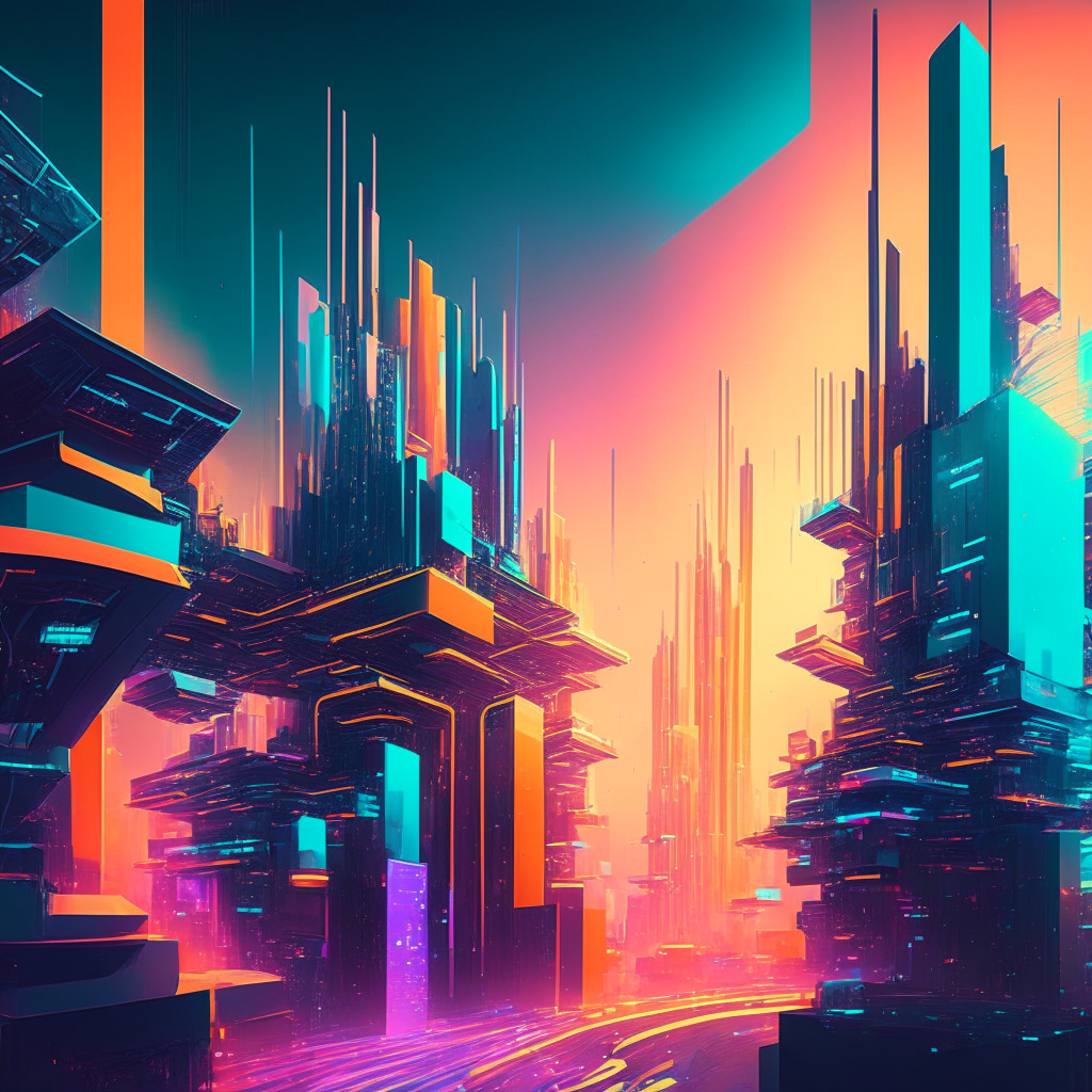 Futuristic city integrating blockchain, diverse industries interconnected, abstract color palette, warm atmospheric lighting, dynamic smart contracts in action, skepticism vs optimism, mood of curiosity and exploration, sense of transformative potential, financial inclusion and transparency.