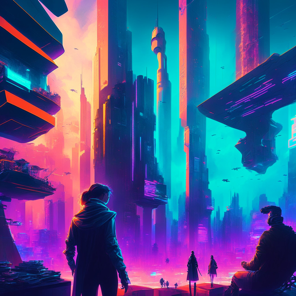 Futuristic cityscape merging finance & gaming worlds, DeFi revolution in foreground, gamers in control of assets, vibrant colors, chiaroscuro lighting, dynamic composition, mood of optimism & uncertainty, subtle undertones of privacy debates, diverse stakeholders collaborating.
