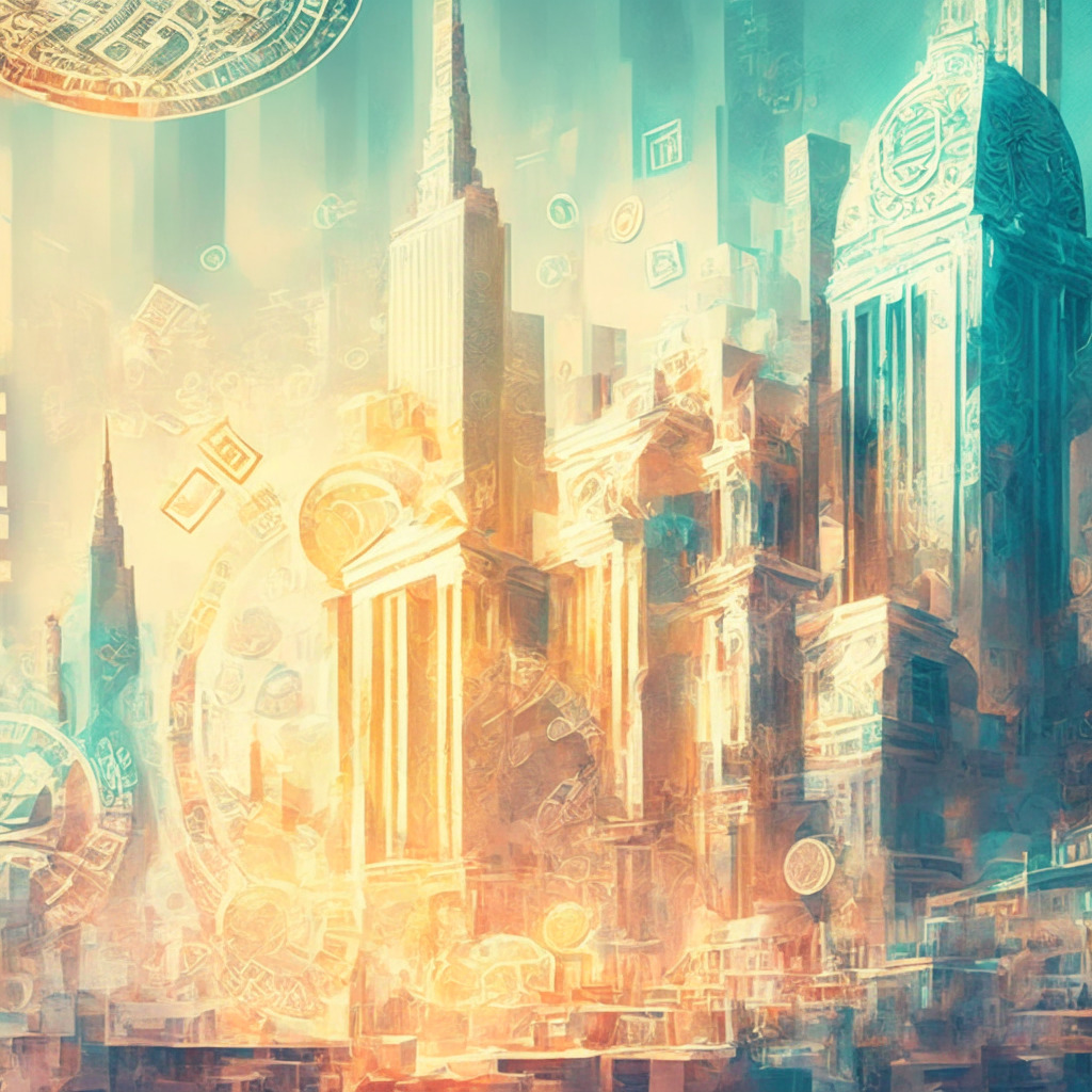 Intricate cityscape with financial institutions, digital currency symbols hovering above, warm pastel colors, impressionist style, soft light filtering through, glowing connections between banks, mood of innovation and collaboration, global currencies seamlessly blending, undercurrents of uncertainty.