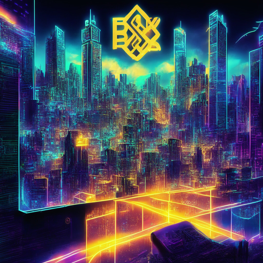 A vivid cyberpunk-style cityscape with neon-lit token symbols, Bitcoin Cash network upgrade taking place at the heart of the city, multiparty vaults, and interconnected bridges representing enhancements and CashTokens. Incorporate elements such as a DEX, gift cards, and event tickets. Rays of sunlight breaking through the clouds signify growth, while moody undertones hint at network challenges.