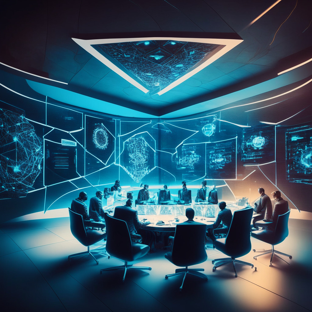 Intricate DAO voting scene, futuristic digital conference room, diverse participants debating, holographic visuals displaying various voting mechanisms, warm ambient lighting, dynamic composition, mood of innovation and collaboration, subtle abstract patterns intertwining, hint of urgency in expressions.
