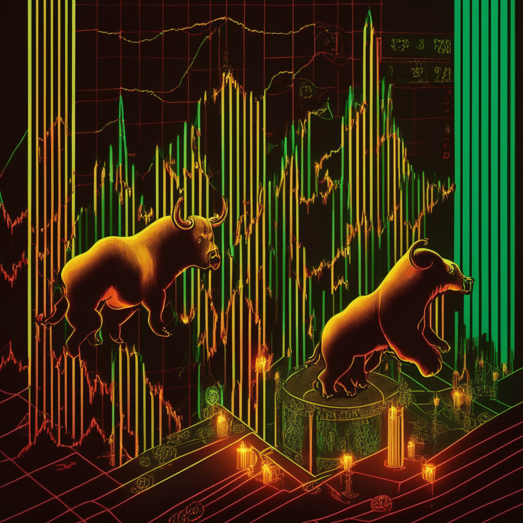 Crypto roller coaster scene at twilight, intricate gold circuit patterns, a bear and a bull, ascending vs descending slopes, stylized candlestick graphs, safe havens like gold, banking sector turmoil, tense atmosphere, flickering green and red lights, Bitcoin hovering near $28,000, potential ascent to $30,000, dominant currency amidst chaos.
