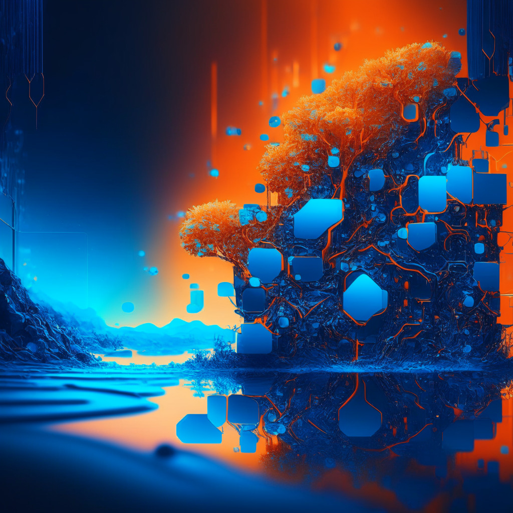 Intricate blockchain world, glowing hues of blue and orange, abstract DeFi landscape, discreet LDO token held by delicate balance, ambient light accentuating rewards and risks, air of contemplative mood, engaging modern art style, thriving ecosystem with questioning undertones.