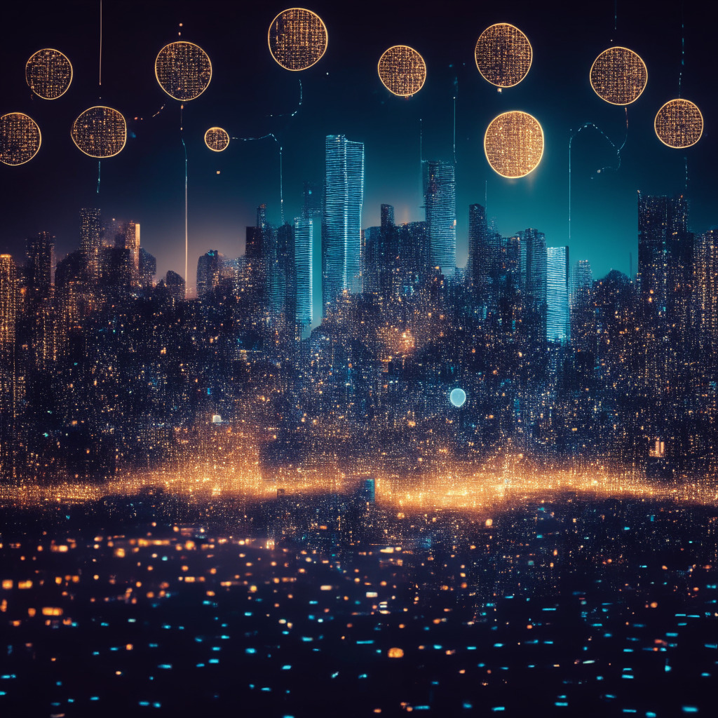 Twilight-lit blockchain cityscape, sleek monochromatic palette, glowing nodes symbolizing global connections, clusters of coins & NFTs, diverse users & businesses interacting, European & Asian landmarks in background, sense of trust & innovation, subtle hints of flourishing industries.