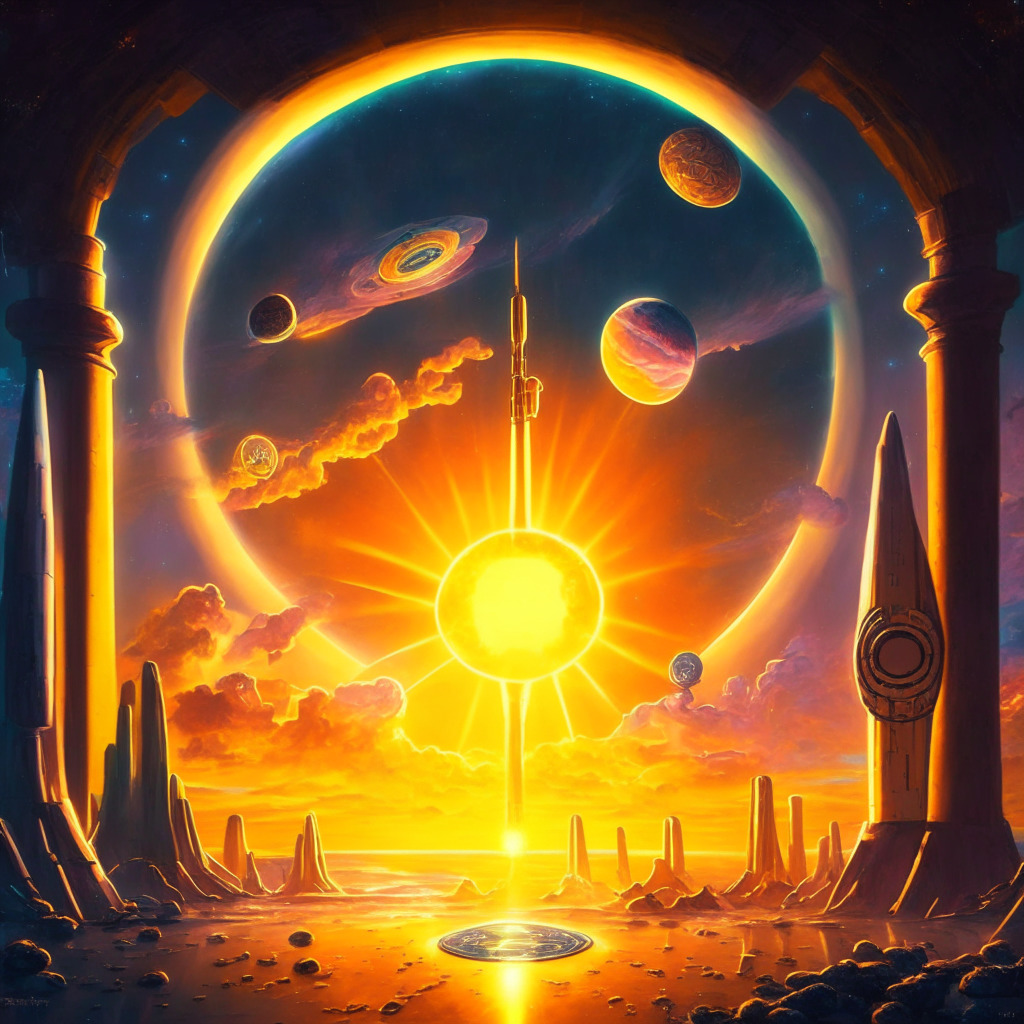 Sunrise in crypto cosmos, celestial bodies aiming for the moon, AI-powered meme coin, Krabby Patty-inspired token, rocket launch with Recycle-to-Earn, decentralized Web3 access platform, chiaroscuro lighting, renaissance painting style, adventurous & optimistic mood