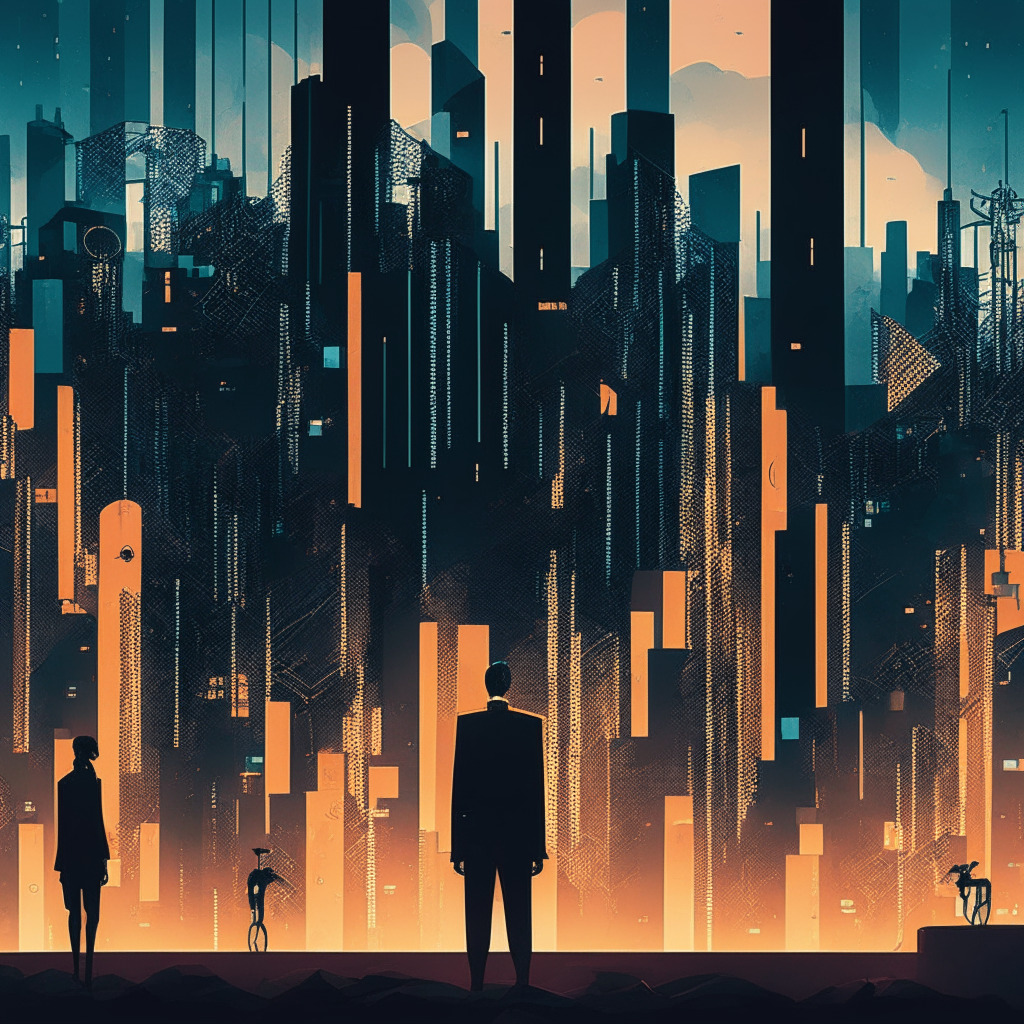 Intricate cityscape of blockchains, digital assets, and AI, moody dusk lighting, cubist style, regulating figures standing guard, intertwined financial gears, subtle glow of compliance, sense of progress, diverse cryptocurrency symbols, cross-asset and cross-chain connections.