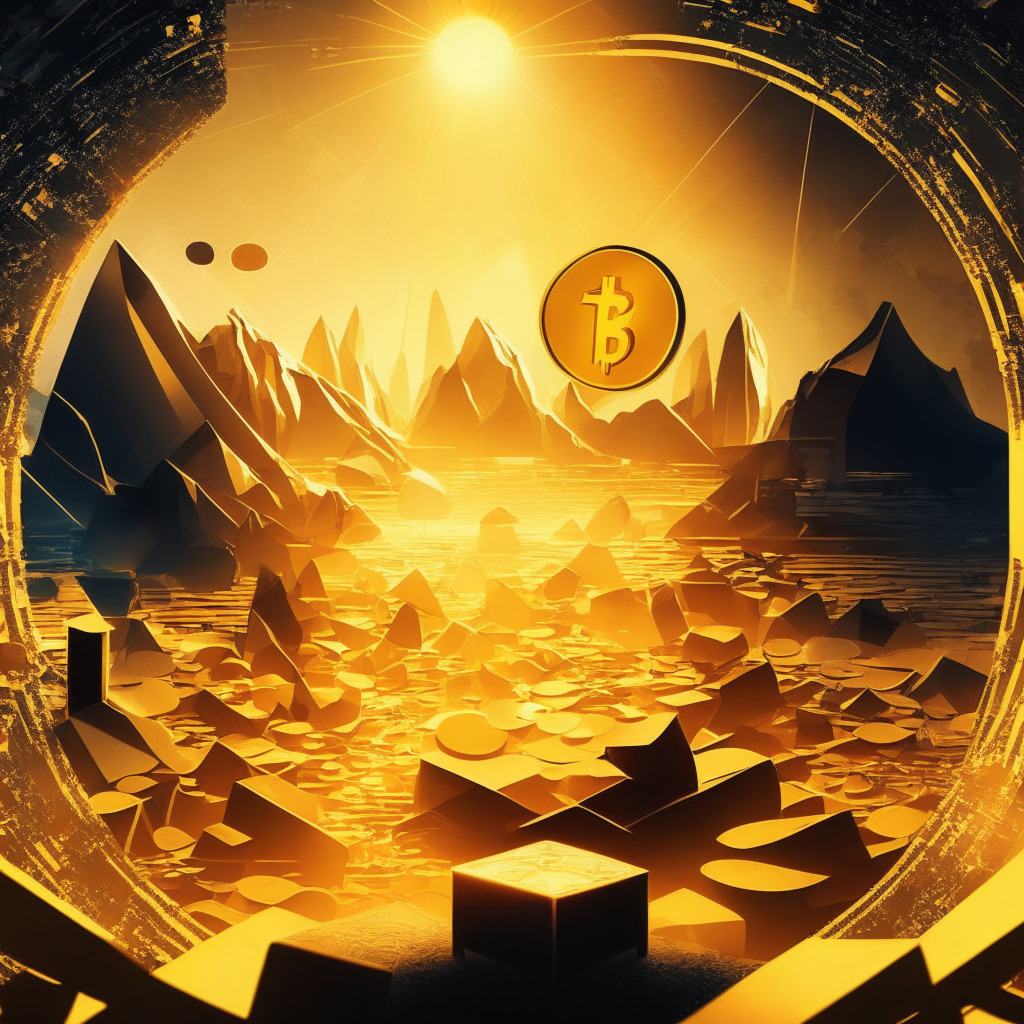 Abstract crypto landscape, bright price rally backdrop, memecoin at center stage, intense spotlight, hidden tokens in shadows, contrasting opinions, scarce golden aura, innovative atmosphere, magnifying glass on market risks & rewards