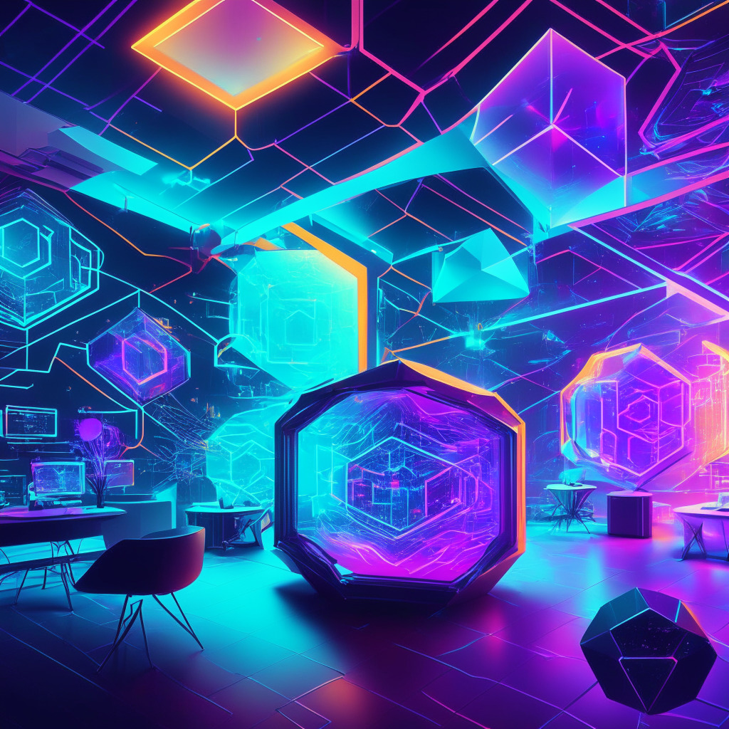 Futuristic dApp development lab, vibrant colors, abstract geometric patterns, smart contracts floating as holograms, diverse developers collaborating, glowing Cardano blockchain in the background, ethereal lighting, air of innovation, dynamic mood, sense of purpose.