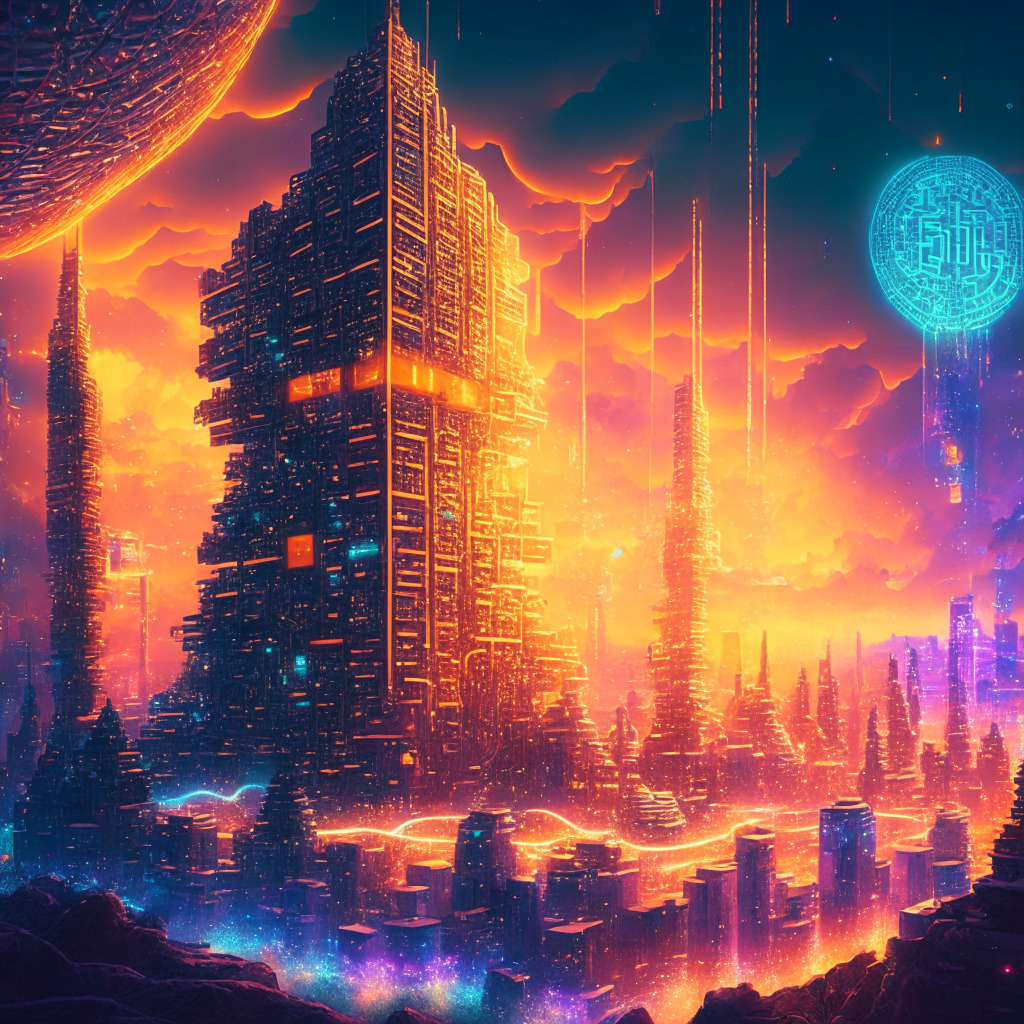 Futuristic Bitcoin city with advanced tech, warm sunset glow, intricate blockchain structure, harmonious mood, RGB protocol & smart contracts floating above, NFT art pieces blending with architecture, layers of encrypted transactions, Lightning Network sparks, Taproot upgrade sign, optimism.