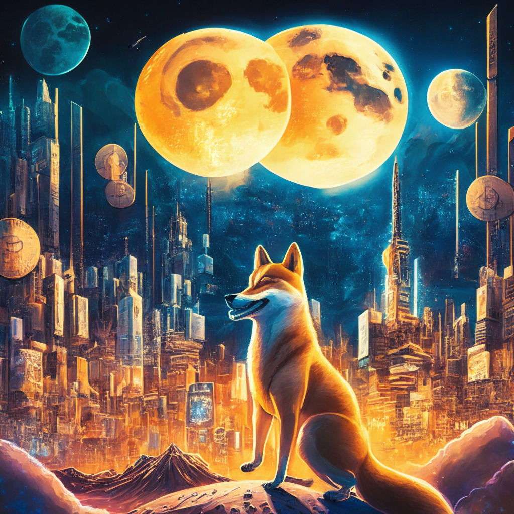 Cryptocurrency market with Shiba Inu (SHIB) rally, various altcoins, artistic futuristic metropolis skyline, financial charts displaying growth, lights emanating from a glowing moon, Baroque-inspired style, warm colors creating an optimistic mood, dynamic brushstrokes representing currency fluctuations, elements representing sustainability, innovation, and investor interest.