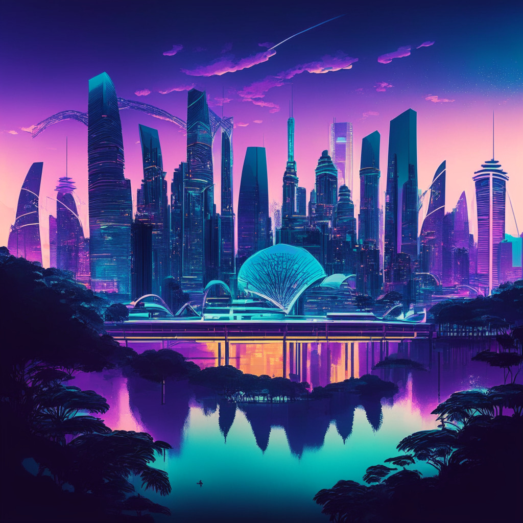 Envision Singapore's futuristic skyline infused with blockchain technology, dusk lighting, cyber cityscape gently melding with nature, a contrast of vivid colors and neoclassical motifs, exuding optimism, innovation and ambition, showcasing intertwined challenges and opportunities in a harmonious blend.