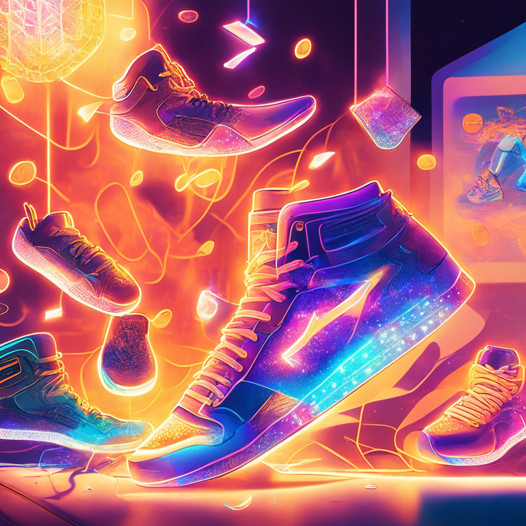 Intricate digital marketplace, move-to-earn game, vibrant NFT sneakers, radiant beams of light, shimmering sparks currency, warm color palette, sense of achievement, subtle allusion to iOS ecosystem, crypto tokens gently placed in the background, a juxtaposition of traditional e-commerce and innovative blockchain gaming, inviting and accessible atmosphere.