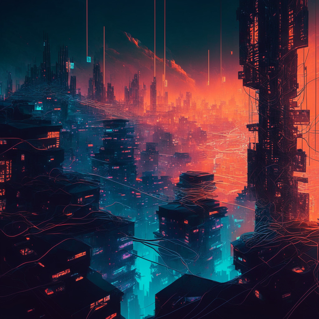 Intricate blockchain network, mainnet debut controversy, dimly lit futuristic cityscape, dPoS mechanism, exciting yet polarizing mood, warm and cool color contrast, dynamic composition, dramatic lighting, digital age art style, ever-changing landscape, sense of uncertainty and potential.