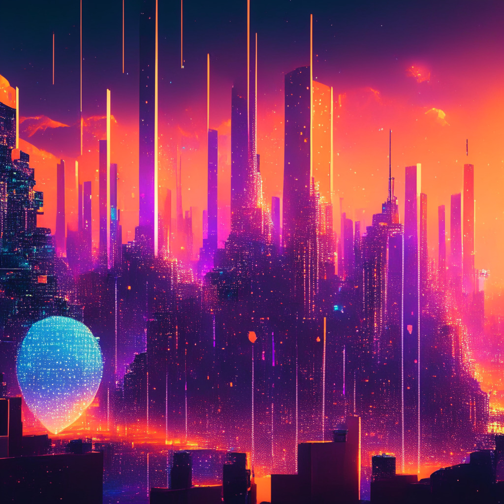 Crypto-futuristic cityscape, Web3 replacing Web2.0 skyline, decentralized data nodes as stars, vibrant metallic color palette, warm sunset lighting, interconnected digital elements, empowering freedom mood, personal data storage as prized jewels, peer-to-peer transactions, privacy-focused atmosphere.