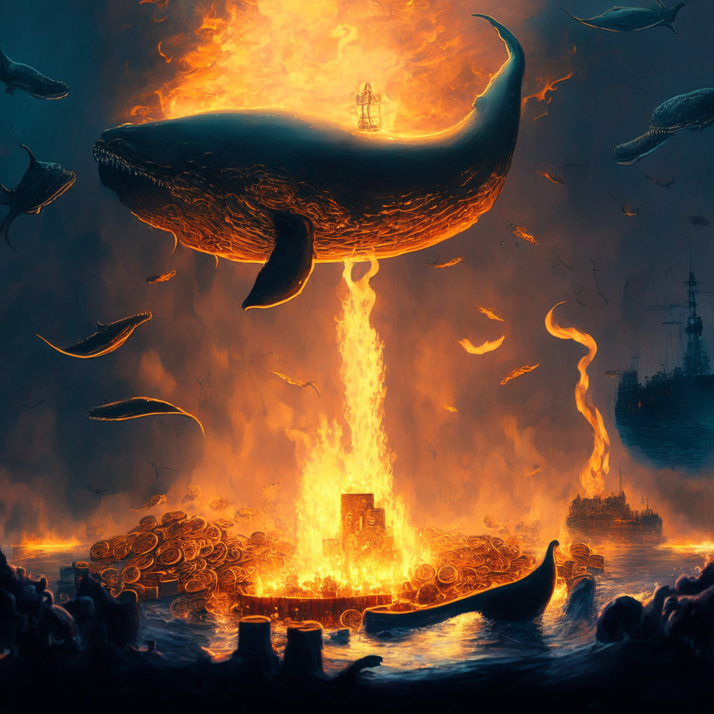 Intricate blockchain scene with moody lighting, a balance scale depicting fallen tokens and a rising flame, deflationary atmosphere, mysterious whale figures in the background, surreal impressionist style, dynamic composition highlighting a surge in activity, subtle tension between burn rate and supply.