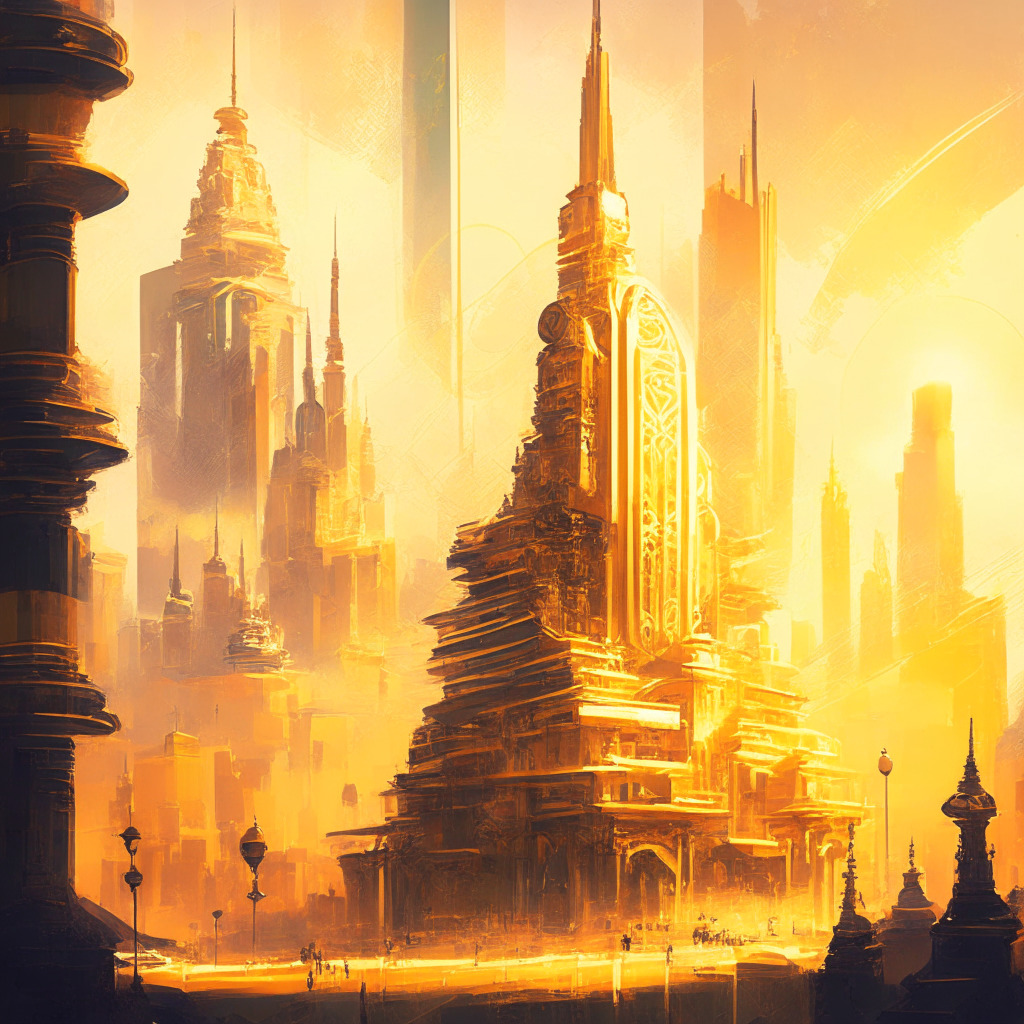 Intricate cityscape with futuristic buildings, digital currency symbols, diverse working professionals, vibrant economic activity, soft golden sunlight, Fed Reserve interest rates sign, expressive brush strokes, Baroque-inspired details, welcoming mood, balanced composition, blending traditional and digital tones.