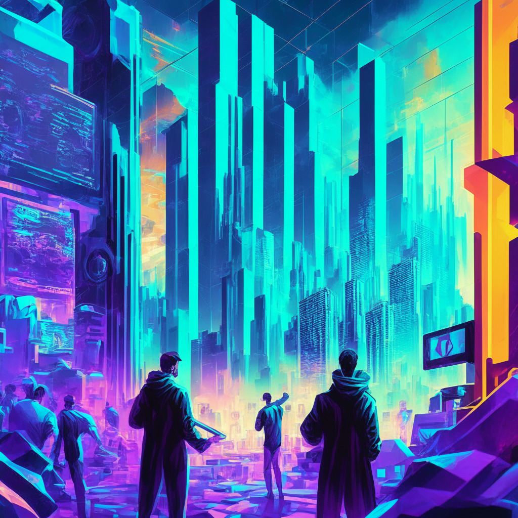 Futuristic crypto exchange scene, vibrant colors, peak digital mania, large Ethereum coin overshadowing smaller memecoin, contrasting emotions of traders, tense atmosphere, intense trading terminal glare, underlying blockchain network complexity, barriers & opportunities, anticipation for Ethereum 2.0 upgrades, abstract cityscape background.