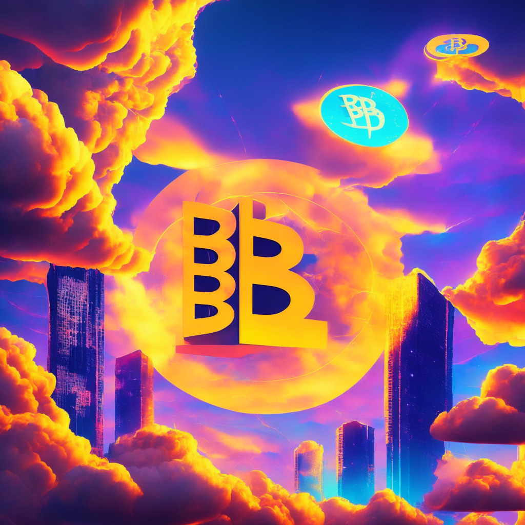 Abstract futuristic city, Bitcoin logo as sun, ERC-20 and BRC-20 tokens orbiting, heated debate clouds in sky, 'Stably USD' on flying billboard, nod to meme culture, neon color palette, dynamic composition, chiaroscuro lighting, the mood is ambiguity and intrigue, first stablecoin on BRC-20 standard.