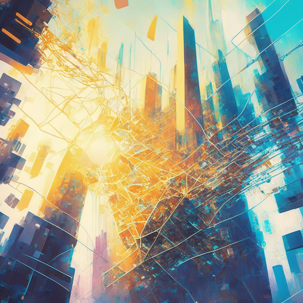 Futuristic blockchain cityscape, intertwined networks, decentralized nodes, brilliant morning light, expressive brush strokes, lively atmosphere, diverse industries embracing blockchain, overcoming challenges, impactful mood, balance between optimism and caution, responsible innovation.