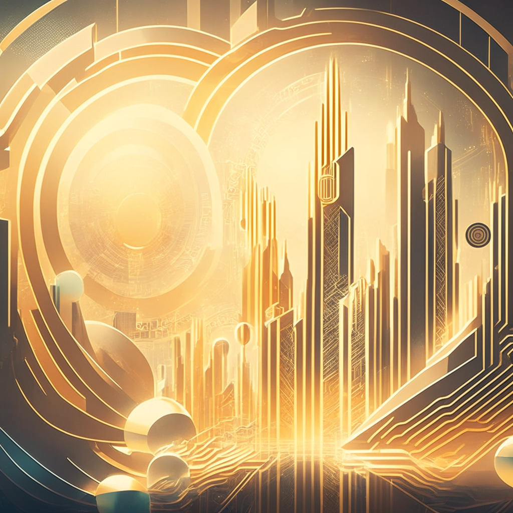 Futuristic financial landscape with blockchain integration, warm and hazy light, traditional assets transforming into digital tokens, fluid motion representing seamless transactions, abstract patterns symbolizing security and connectivity, mood: optimistic evolution, intricate Art Deco style.