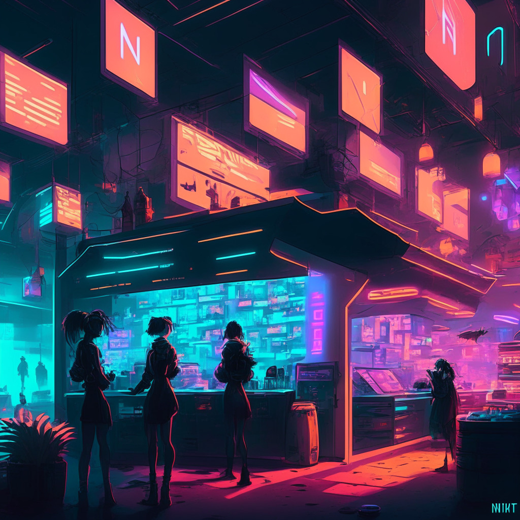 Futuristic NFT marketplace scene, glowing neon displays of digital art, ethereal Azuki, Wrapped Cryptopunks, BAYC, MAYC collections, NFTfi lending platform, delicate balance of light and shadow, rich color palette, cyberpunk style, energetic atmosphere, sense of opportunity and controversy mingling in the air.