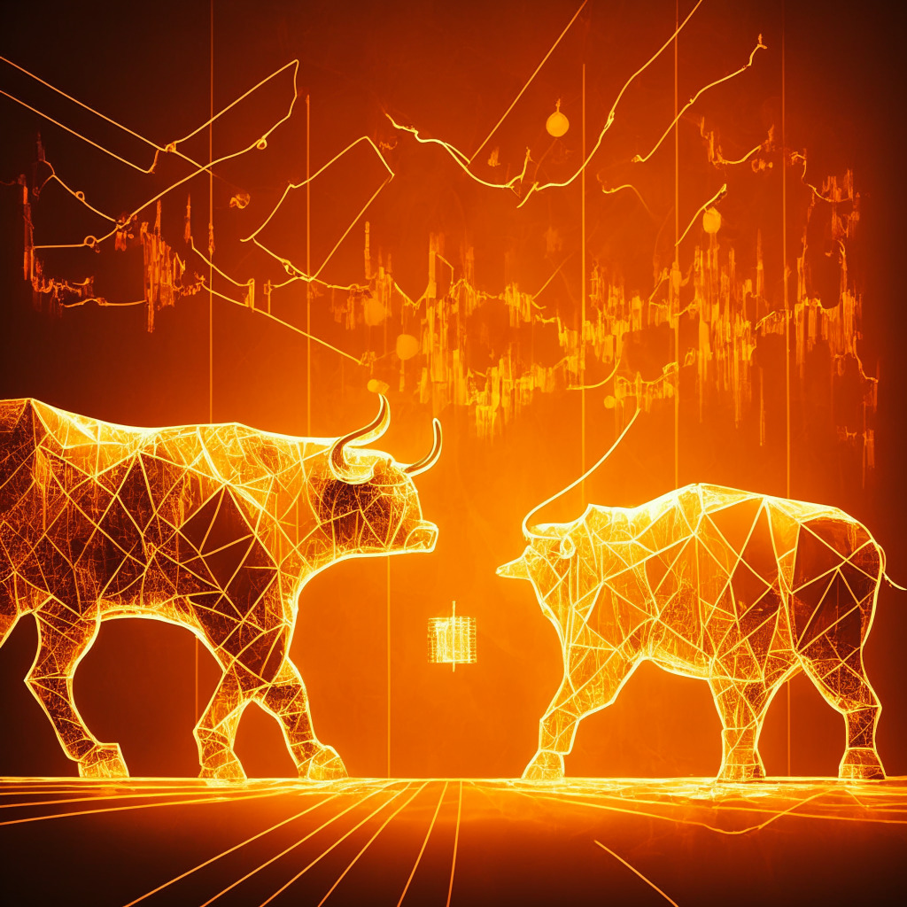 Intricate blockchain network, vibrant bull and bear figures, contrasting light and shadows, warm colors signify optimism, energetic and dynamic composition, delicate balance between STHs and LTHs, hint of anticipation in the air, artistic impression of RHODL Ratio and market fluctuations, subtle reminder to conduct research and exercise caution.