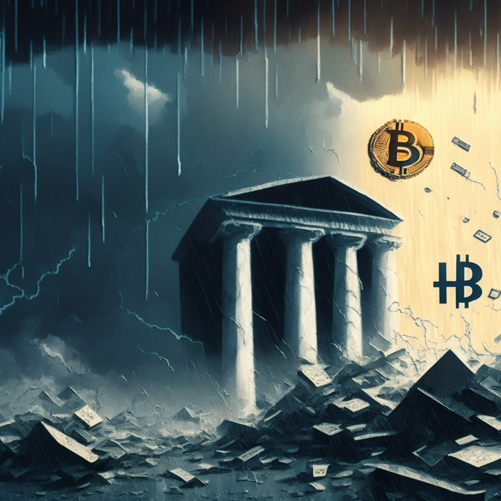 Cryptocurrency impact on bank failure, artistic rendition of a collapsing bank, fading Bitcoin and Ethereum symbols, somber atmosphere, muted colors, shadows dominating the scene, dark stormy sky, intense contrast, impressionist style, sense of urgency, financial oversight in the backdrop, divided regulators, uncertain future.