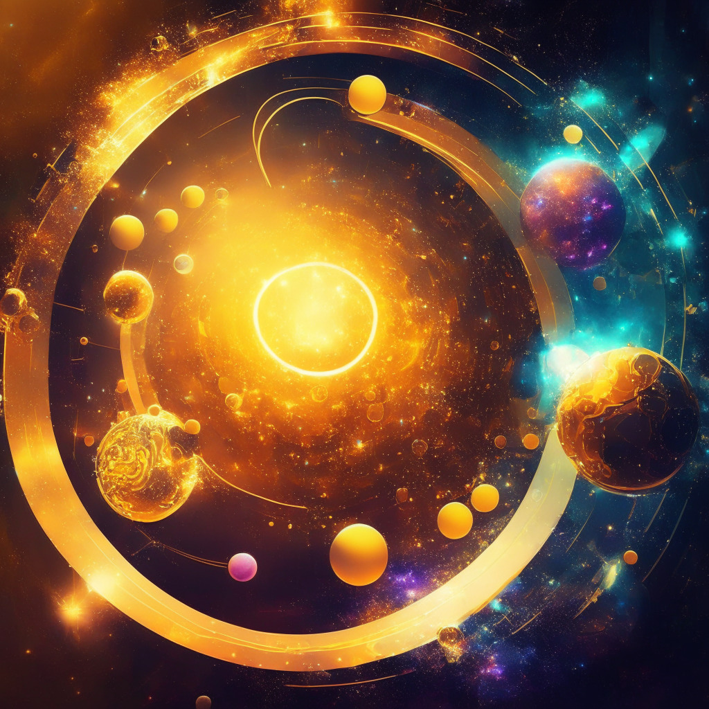 Dazzling crypto galaxy, staking concept represented by planet-like coins, validators & delegators interacting, warm golden glow, futuristic sleek design, rich jewel-tone colors, ambient lighting, optimistic and inviting mood, touch of abstract impressionism, fluid transaction connections.