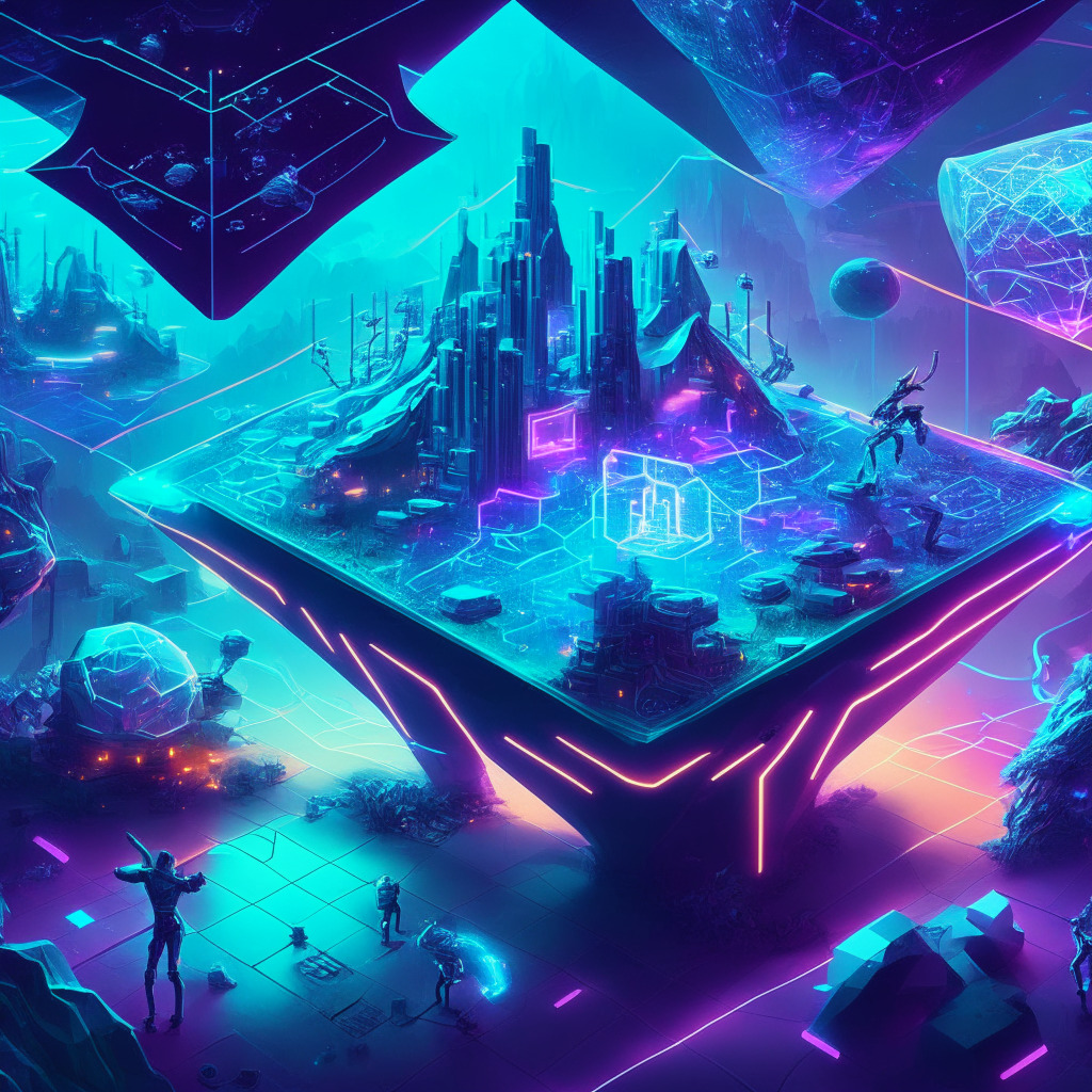 Futuristic Web3 gaming landscape, intricate blockchain elements, engaged players in immersive environment, token-based rewards, low-energy infrastructure, blending gaming and blockchain, innovative game developers collaborating, bright dynamic lighting, vivid artistic style, play-to-earn ecosystem, inviting and transformative mood.