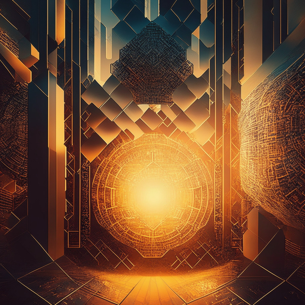 Intricate blockchain pattern, dynamic layers of digital currency, warm sunset light, contrast between order and chaos, intense enforcement and collaboration theme, a blend of classical and futuristic aesthetics, secure and transparent atmosphere, hopeful mood.