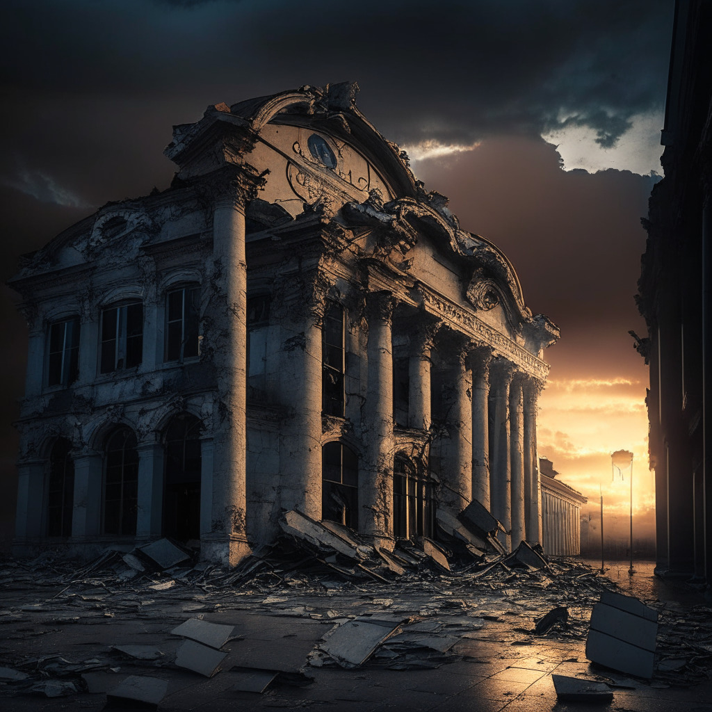 Dramatic evening sky over a crumbling bank building, strong chiaroscuro lighting, ominous shadows, Baroque-inspired style, tense mood. Desolate street, cracked pavements, scattered cryptocurrencies, soft sunset glow, high-contrast color palette. Overarching theme: downfall of crypto banks due to risk and regulation.