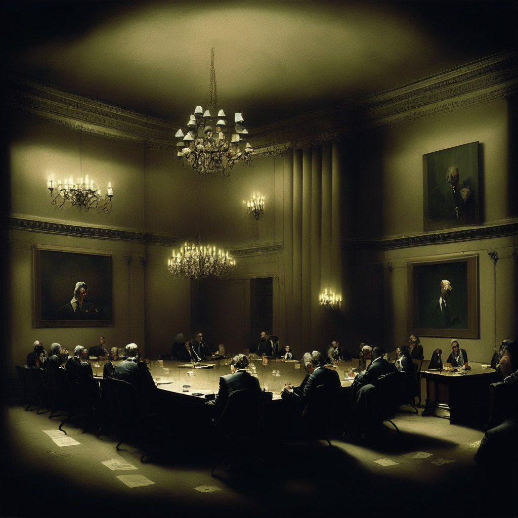 FOMC meeting room with officials engaged in discussion, dimly-lit atmosphere, Baroque-style paintings on walls, a sense of tension in the air, scattered charts of inflation rates and economic growth projections, central figure raising debt limit topic, hints of market uncertainty subtly surrounding the scene, color palette reflecting somber mood.