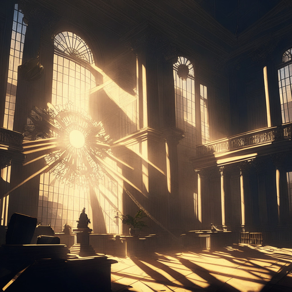 Intricate courthouse scene, scales of justice, scattered cryptocurrency symbols, a shadowy figure examining documents, warm sunlight piercing through tall windows, neoclassical architecture, contrast of light and shadow reflecting the mood of uncertainty, tension between transparency and cost-effectiveness, air of mystique surrounding the FTX bankruptcy case.