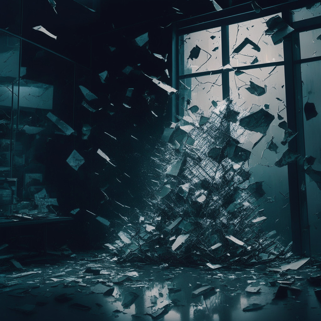 Cryptocurrency exchange collapse, dark office, shattered security glass, artistic chiaroscuro lighting, tension and chaos, fear of stricter regulations, balance between innovation and oversight, uncertainty in crypto market, financial storm brewing.