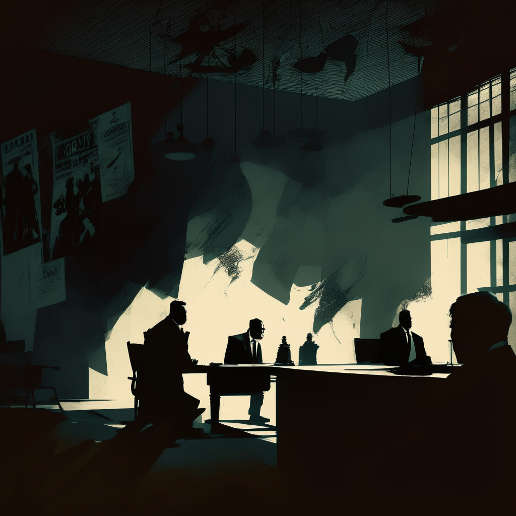 Dark courtroom battle scene, opposing sides facing each other, tense atmosphere, FTX executives and Embed's CEO in the spotlight, mysterious shadows cast on walls, looming scandal aura, abstract dollar signs & lawsuit papers swirling in the air, muted color palette conveying uncertainty, somber ambiance.