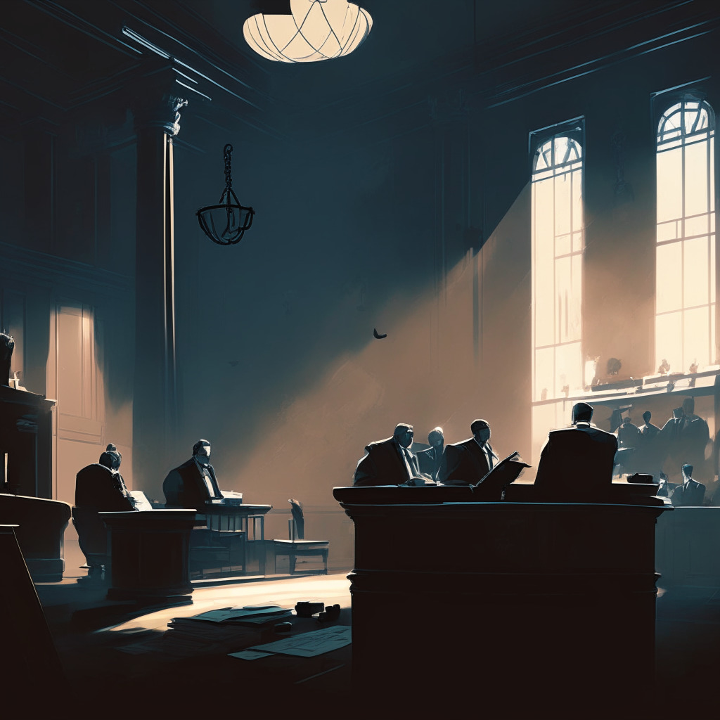 Elegant courtroom scene, intense legal debate, chiaroscuro lighting, astute lawyers amidst papers, distressed cryptocurrency exchange founder, contrasting cold exterior with warm tones indoors, mood of uncertainty and tension, shadowy crypto market and gavel in the background, no text or logos, 350px.