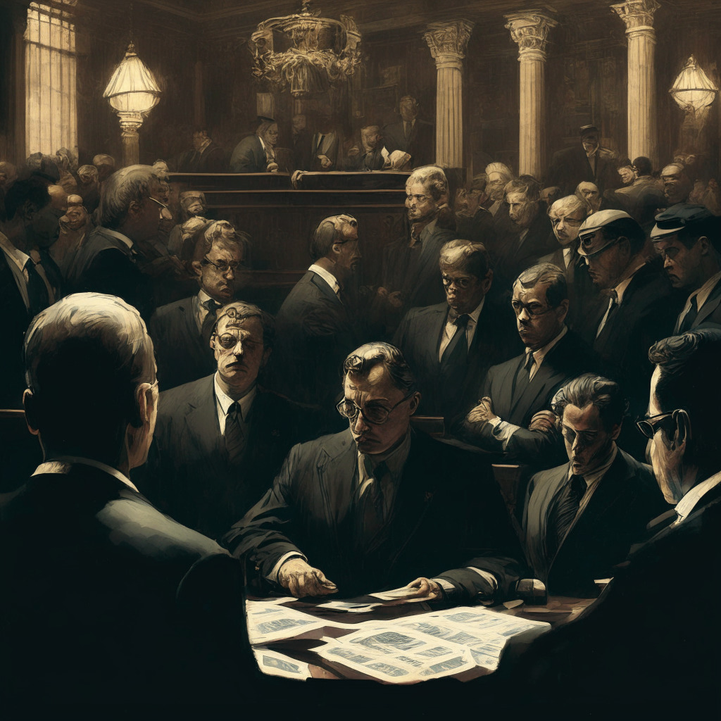 Intricate court scene, Sam Bankman-Fried in center, high-profile attorneys surrounding him, complex crypto diagrams in the background, moody chiaroscuro lighting, Baroque painting style, tense atmosphere, hint of uncertainty, subtle emphasis on legal documents, blockchain elements woven into artistic details.