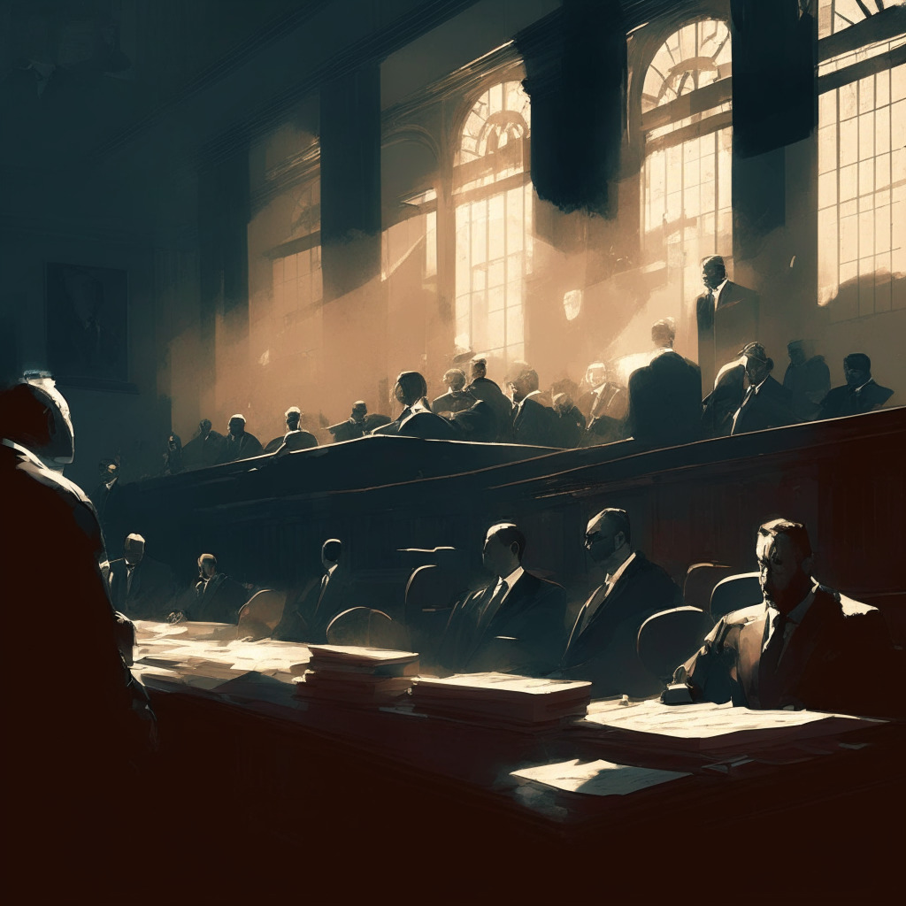 Intricate courtroom scene, tense atmosphere, contrasting light and shadows, FTX lawyers accusing former executives, documents scattered, air of uncertainty, overtones of failed due diligence, $219 million at stake, crypto industry in the background, hint of regret and lesson learned, moody tones, subtle suggestions of potential fraud.