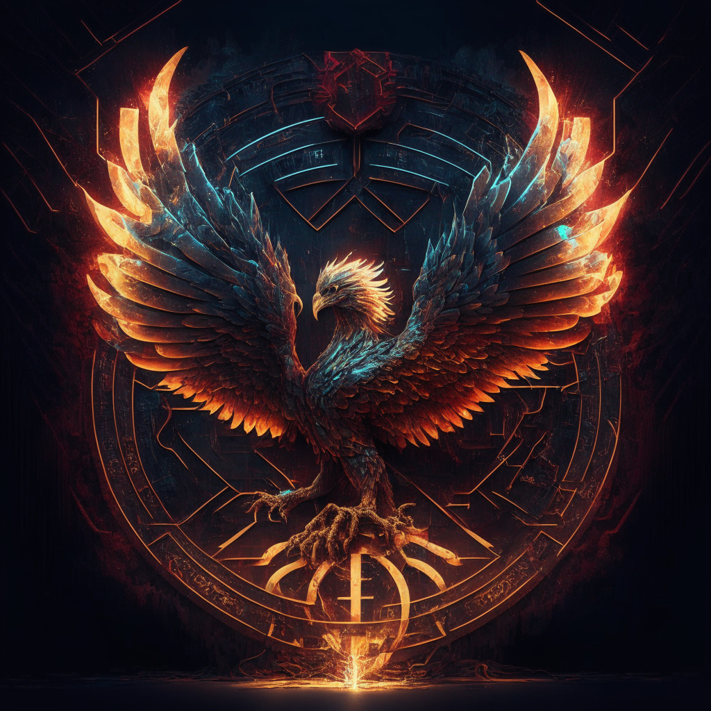 Phoenix rising from digital ashes, cybersecurity shield, intricate circuitry intertwined, chiaroscuro lighting, Renaissance-inspired composition, hopeful yet cautious mood, reflecting the revival of a fallen crypto exchange, addressing security concerns, and awaiting a concrete path forward.