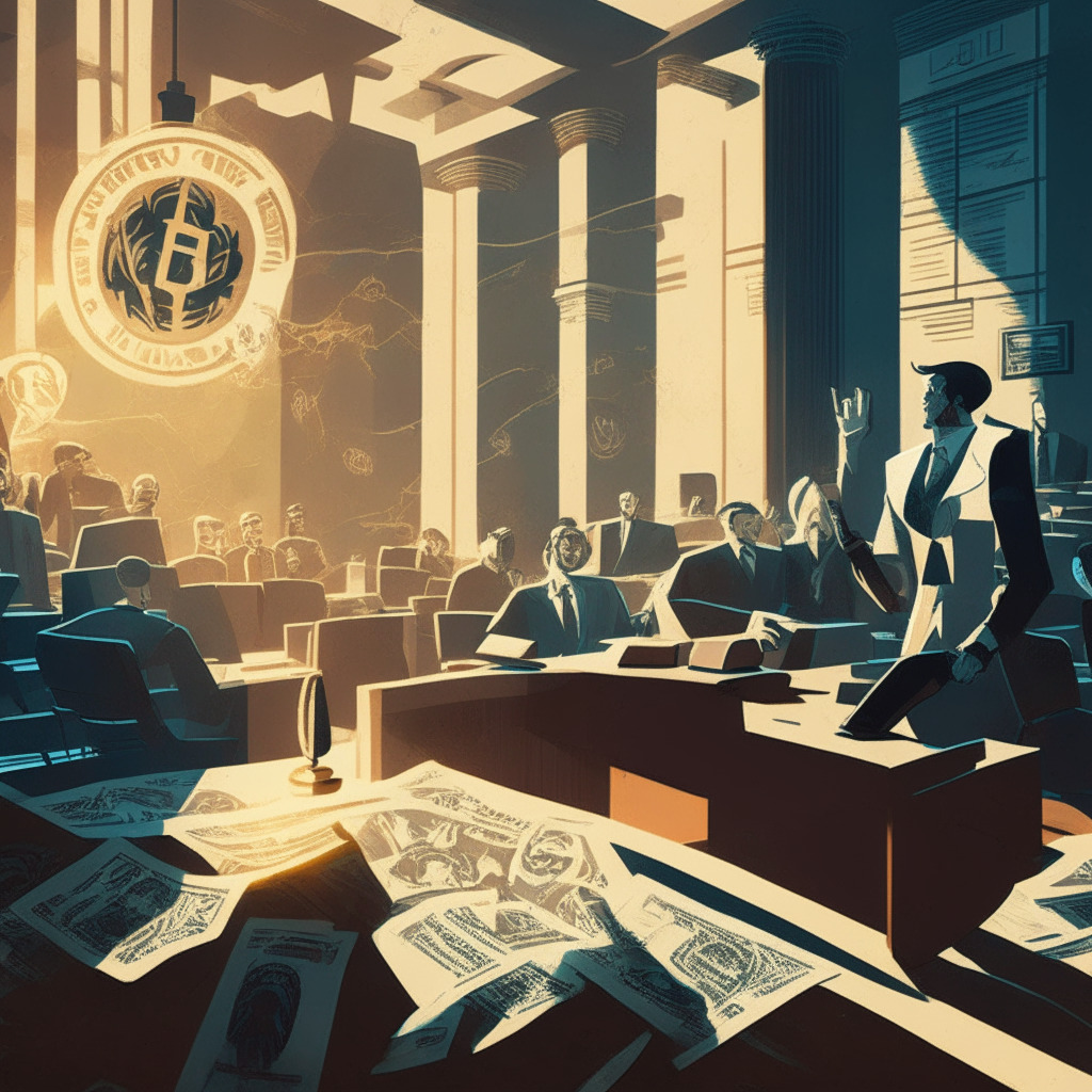 Cryptocurrency scene: hectic courtroom, Sam Bankman-Fried gesturing to legal documents, digital assets in the background (NFTs, DeFi symbols), juxtaposed with traditional banking symbols, contrasting light & shadow, mood of urgency & opportunity, styled with cubist influence, highlighting risks & rewards.