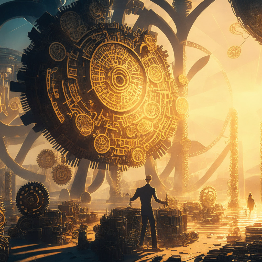 Cryptocurrency ecosystem scene, intricate steampunk-style gears in motion, golden light setting, a consortium acquiring a bankrupt crypto lender, tension between proponents and skeptics, contrasting shadows and highlights, dynamic composition, potential regulatory challenges looming, a sense of vigilance and anticipation, 100-megawatt Bitcoin mining facility in the background.