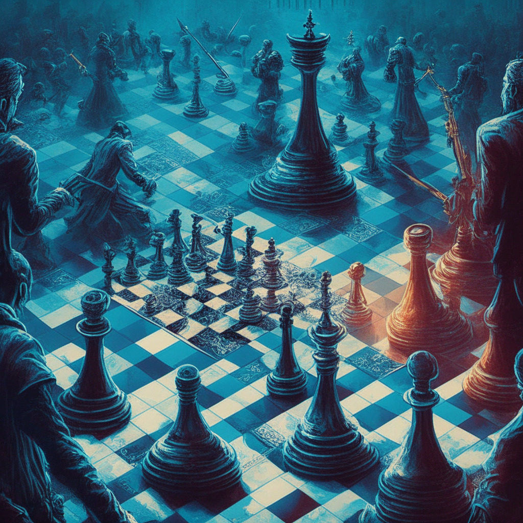 Intricate battle for $2bn crypto assets, tense bidding war, artistic representation of financial struggle, subtly lit auction scene, rich contrast, evocative mood conveying urgency, investment firms & key players as chess pieces, symbolic divide between Fahrenheit & Coinbase, innovative visions for new crypto landscape.